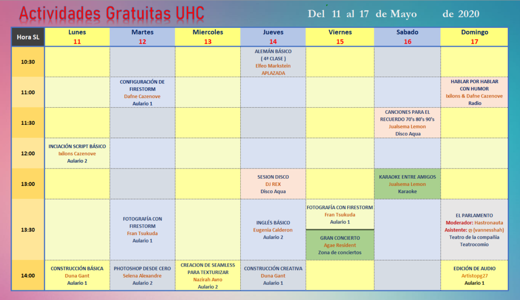 ACTIVIDADES GRATUITAS EN UHC «DEL 11 AL 17 DE MAYO 2020 «