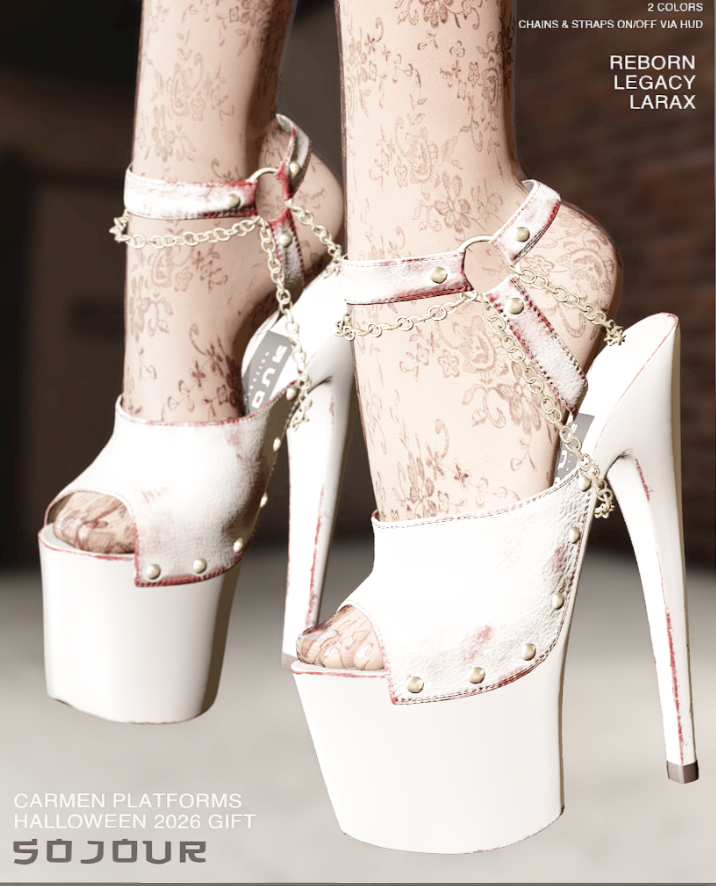 Sojour Halloween: sandalias de plataforma blancas con cadenas y manchas de sangre